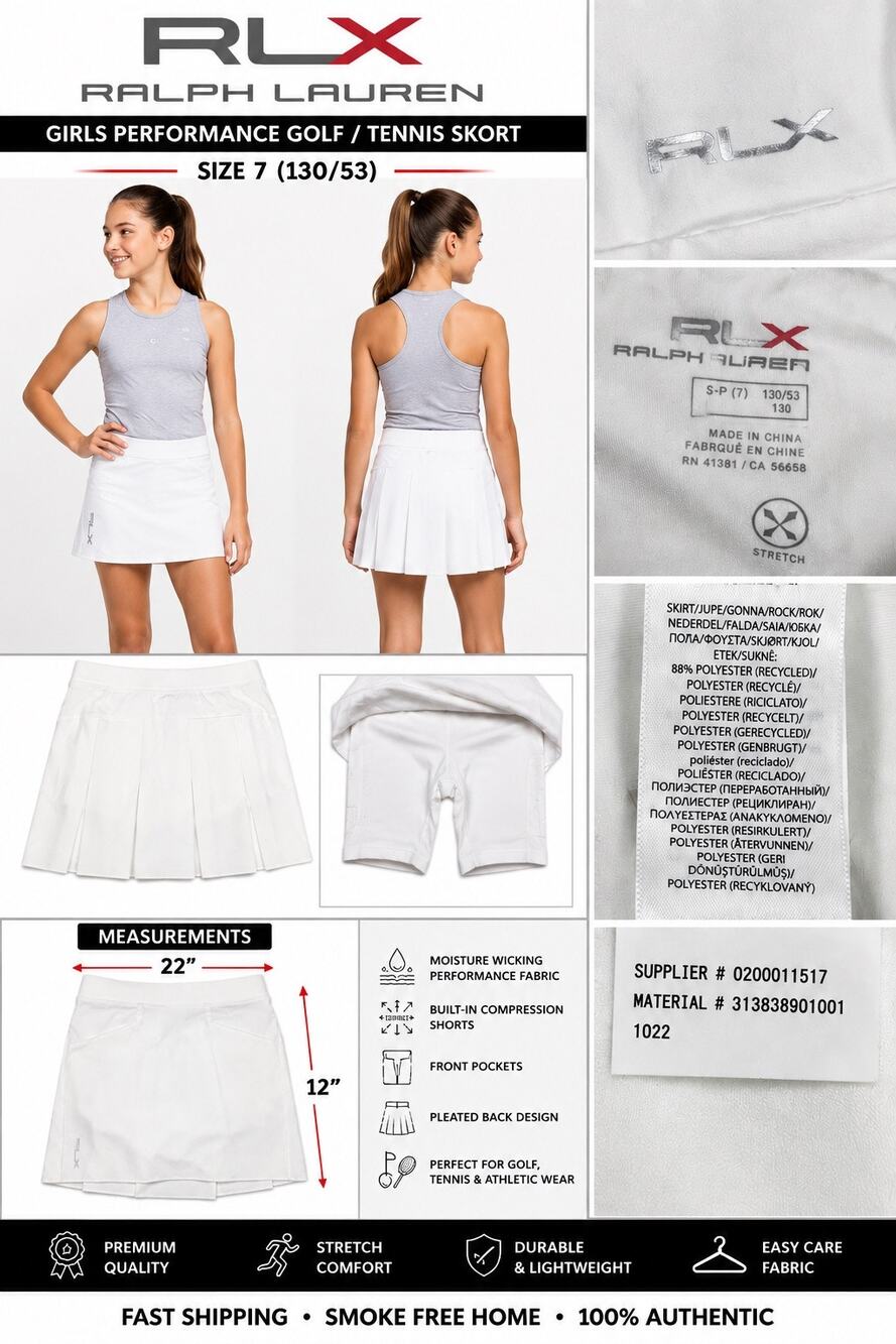 RLX Ralph Lauren Girls White Performance Golf Tennis Skort Size 7